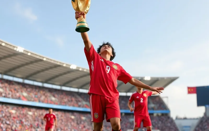 Cảnh một quán bar với màn hình lớn chiếu trận World Cup, khán giả hâm mộ cầm cờ, ánh sáng ấm áp